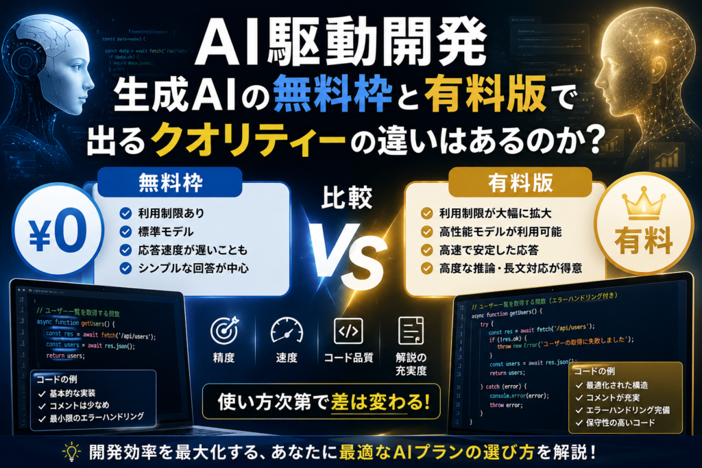 AI駆動開発 生成AIの無料枠と有料版で出るクオリティーの違いはあるのか？